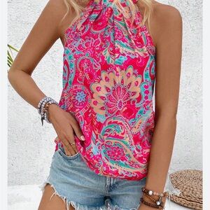 Floral Halter Neck Women Top - Pink and Blue